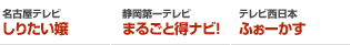 しりたい嬢(名古屋テレビ)　まるごと得ナビ!(静岡第一テレビ)　ふぉーかす(テレビ西日本)