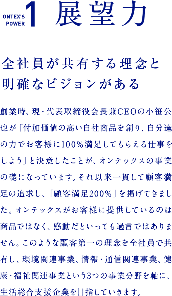 ONTEX’S POWER1　展望力  全社員が共有する理念と明確なビジョンがある 創業時、現・代表取締役会長兼CEOの小笹公也が「付加価値の高い自社商品を創り、自分達の力でお客様に100%満足してもらえる仕事をしよう」と決意したことが、オンテックスの事業の礎になっています。それ以来一貫して顧客満足の追求をし、「顧客満足120％」を掲げてきました。オンテックスがお客様に提供しているのは商品ではなく、感動だといっても過言ではありません。このような顧客第一の理念を全社員で共有し、環境関連事業、情報・通信関連事業、健康・福祉関連事業という3つの事業分野を軸に、生活総合支援企業を目指していきます。