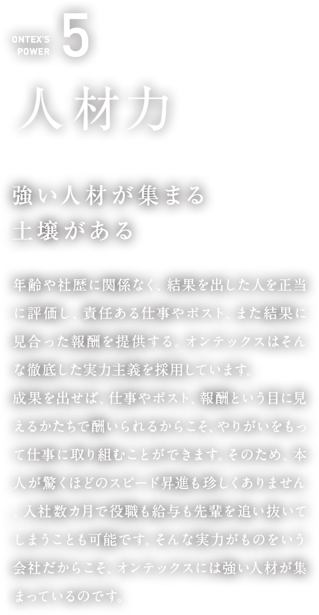 ONTEX’S POWER5　人材力  強い人材が集まる土壌がある   年齢や社歴に関係なく、結果を出した人を正当に評価し、責任ある仕事やポスト、また結果に見合った報酬を提供する。オンテックスはそんな徹底した実力主義を採用しています。成果を出せば、仕事やポスト、報酬という目に見えるかたちで報いられるからこそ、やりがいをもって仕事に取り組むことができます。そのため、本人が驚くほどのスピード昇進も珍しくありません。入社数カ月で役職も給与も先輩を追い抜いてしまうことも可能です。そんな実力がものをいう会社だからこそ、オンテックスには強い人材が集まっているのです。